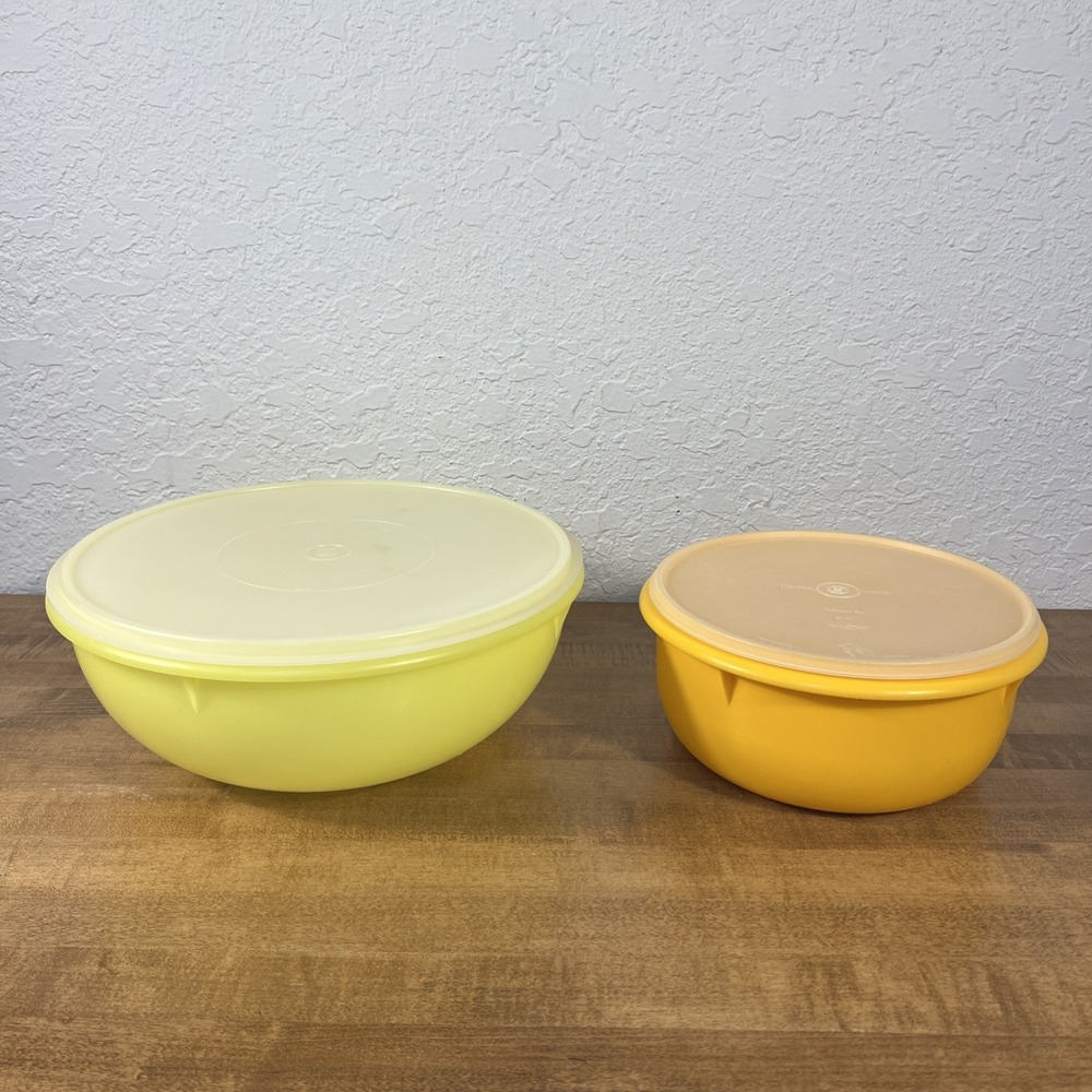 Vintage Tupperware Lot Fix-N-Mix Bowl Yellow 274-9 & Orange Mixing Bowl 272-12